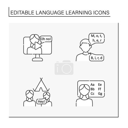 Téléchargez les illustrations : Language learning line icons set. Education.Camps, lesson, spelling and tutor. Studying concepts. Isolated vector illustrations. Editable stroke - en licence libre de droit