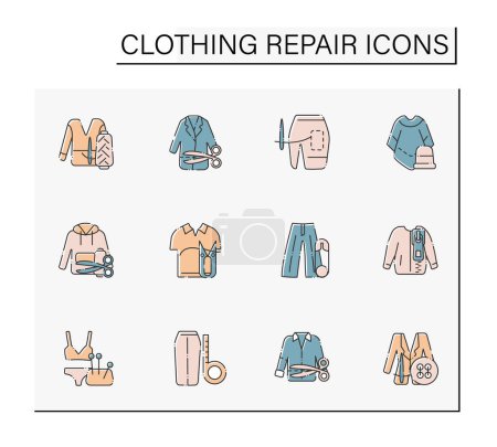 Téléchargez les illustrations : Clothing repair color icons set. Correct and trim length. Fashion concept. Isolated vector illustrations - en licence libre de droit