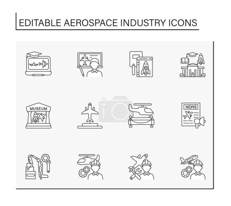  Aerospace industry line icons set. Helicopter, rocket and plane designing. Aircraft concepts. Isolated vector illustrations. Editable stroke