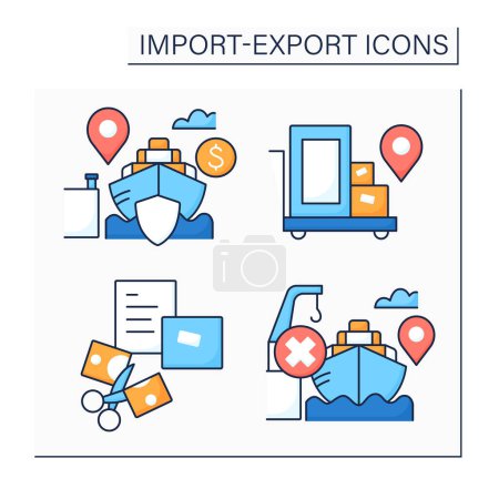Illustration for Import and export color icons set.Declare, free alongside ship, cost, insurance and freight, cargo.International trade concept. Isolated vector illustrations - Royalty Free Image