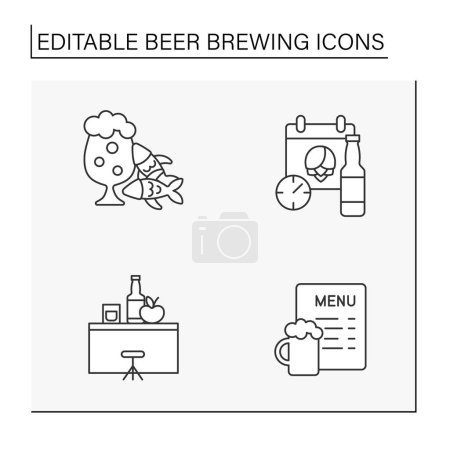 Téléchargez les illustrations : Beer brewing line icons set. Malted barley for producing alcohol. Beverage concepts. Isolated vector illustrations. Editable stroke - en licence libre de droit