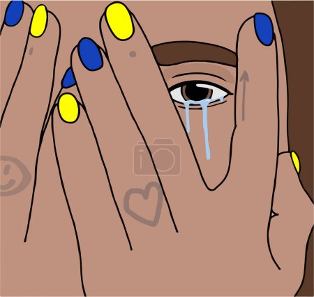 Téléchargez les illustrations : Illustration vectorielle du visage d'une fille triste avec des larmes bleues, arrêter le concept de guerre et de patriotisme, paix en Ukraine - en licence libre de droit