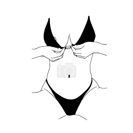 Illustration for Art drawing of the body of a girl in a black bikini unbuttons her bra - Royalty Free Image