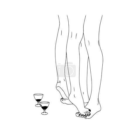 line drawing of female legs and  glasses of wine nearby