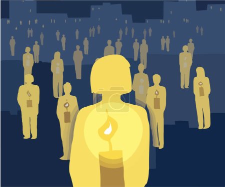 Téléchargez les illustrations : Illustration vectorielle de personnes avec des bougies à l'intérieur, illustration conceptuelle d'une panne d'électricité en Ukraine après l'attaque russe - en licence libre de droit