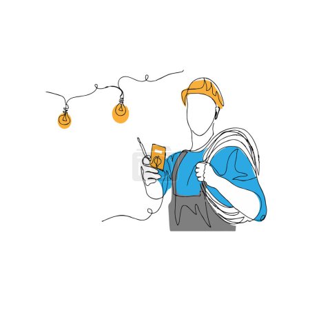 continuous line drawing of a worker changing a light bulb