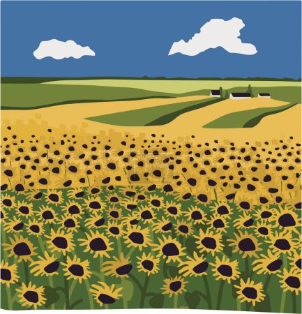 Illustration for Beautiful vector illustration landscape of a sunflower field, Ukraine's national flower for a long time, it has swiftly become a worldwide symbol of solidarity for the country and its people since the Russian invasion began - Royalty Free Image