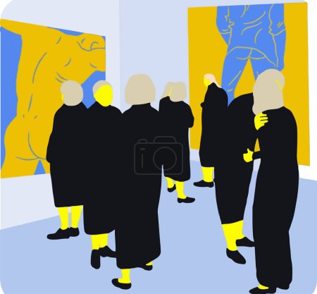 vector illustration of a group of people in museum, Drawings with colors of the Ukrainian flag, Vector illustration