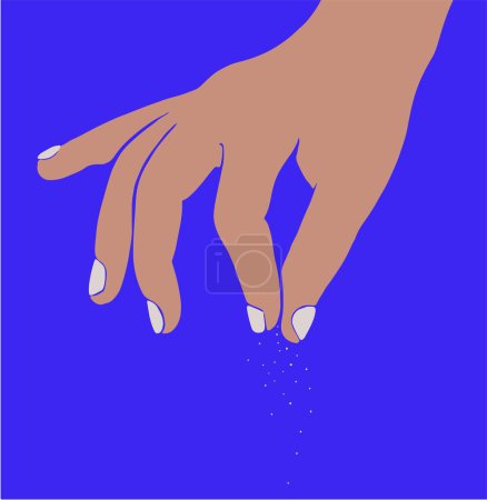 Téléchargez les illustrations : Illustration de la main saupoudrer de sel sur fond bleu - en licence libre de droit