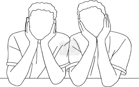 Illustration for Continuous line sketch of young two faceless men clouded their faces in their hands and sat, vector illustration - Royalty Free Image