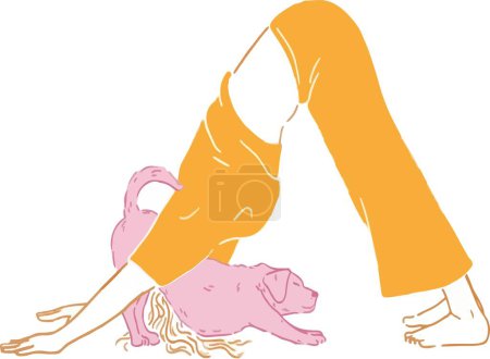 Ilustración de Ilustración de moda de una chica en una camiseta amarilla y pantalones amarillos inclinándose y el perro de pie sobre su cabeza - Imagen libre de derechos