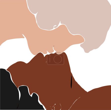 Ilustración de Disparo en la cabeza de dos razas diferentes de personas besándose aisladas en blanco - Imagen libre de derechos