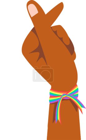Illustration for Illustration of African American persons' hand with pride flag color ribbon,  the concept of friendship, and the LGBT community - Royalty Free Image