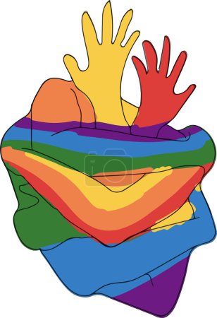 Téléchargez les illustrations : Illustration des mains de deux personnes avec des lignes de couleurs de drapeau de fierté, le concept d'amitié, et la communauté LGBT - en licence libre de droit