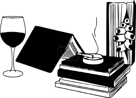 Photo for Black and white vector stack of books and wine glass with cigarette - Royalty Free Image