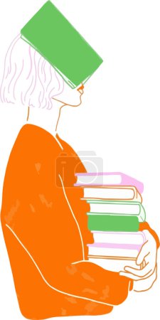 Ilustración de Mujer sosteniendo una pila de libros y un libro en su cara, ilustración vectorial - Imagen libre de derechos