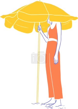 Téléchargez les illustrations : Jeune femme avec un parapluie jaune sur fond blanc - en licence libre de droit