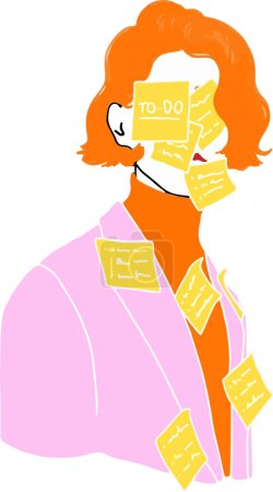 Illustration for Vector illustration of a girl with numerous pieces of paper for notes on her face - Royalty Free Image