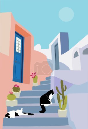 Téléchargez les illustrations : Abstraite ville côtière colorée avec des maisons colorées et chat assis sur les escaliers - en licence libre de droit
