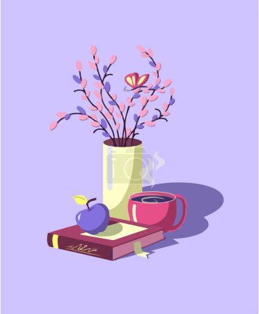 Illustration for Still life with a cup of coffee, a vase with flowers and books. - Royalty Free Image