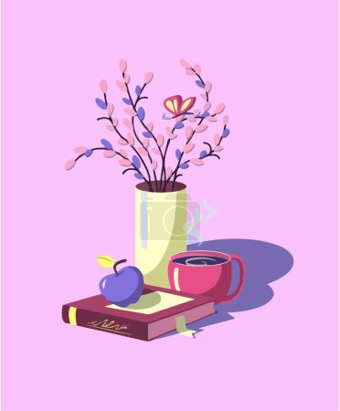 Téléchargez les illustrations : Nature morte avec une tasse de café, un vase avec des fleurs et des livres. - en licence libre de droit