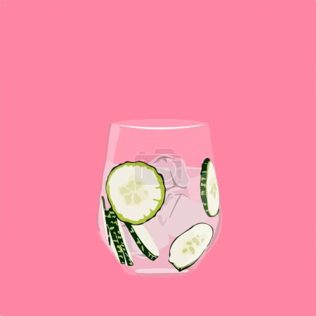 Photo for Vector illustration of glass with liquid and ice cubes and cucumber slices - Royalty Free Image