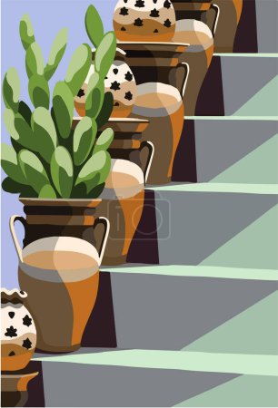 Illustration for Vector illustration of various plants in pots on the steps - Royalty Free Image