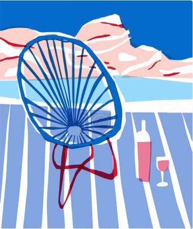 Illustration for Beach chair, a bottle of wine on a beach blanket on the beach - Royalty Free Image