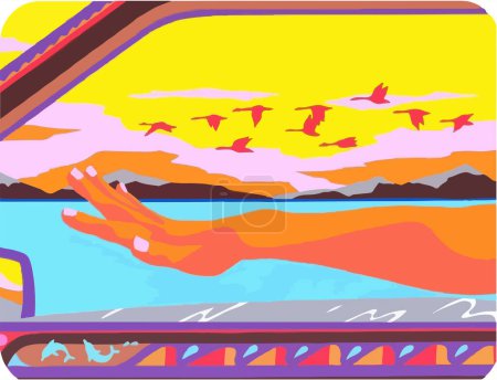 Illustration for Abstract color background, a view of a mountain landscape and birds in the sky during sunset, a view from a car window and a female hand - Royalty Free Image