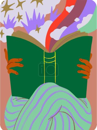 Photo for Abstract illustration of a person reading a book, a colorful fantasy world spilling out from an open book - Royalty Free Image