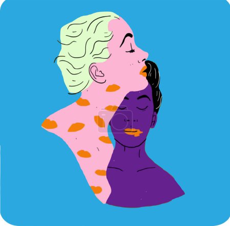 Abstract illustration of two girls with lipstick marks on their neck, lips passionate kissing, the concept of female friendship, and the LGBT community