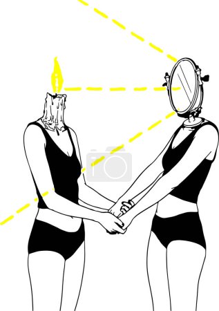 Zeichnung von Mädchen, die sich an den Händen halten, man hat Kerze statt Kopf, was sich im zweiten Spiegel widerspiegelt, sie-Kopf. Konzept der Menschen, die sich gegenseitig beeinflussen. Menschen zu zeigen, die Positivität reflektieren (anstatt sie wegzunehmen), erhält im Gegenzug viel mehr