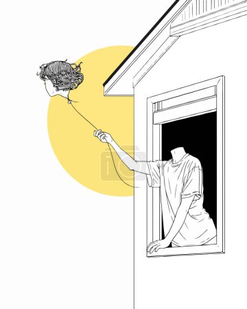    eine Figur blickt aus dem Fenster und hält ihren Kopf wie ein Luftballon an einer Schnur