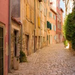 Street scene in old mediterranean town of Rovinj, Croatia.