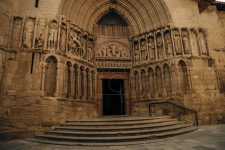 Logrono, Spain - August, 2022: Detail of the Portal of San Bartolome Church in Logrono, Spain. High quality photo