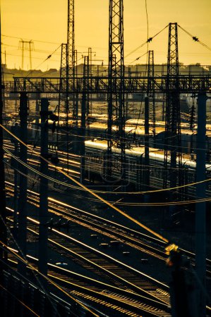 Téléchargez les photos : Rails de chemin de fer au coucher du soleil, Russie. Photo de haute qualité - en image libre de droit