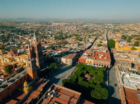 Panoramic aerial view of the Allende Garden that is in front of the Parroquia de San Miguel Arcangel. High quality photo