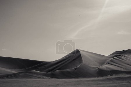 Young people enjoy the desert in the dunes of Ica. January 2022 Ica Peru. High quality photo
