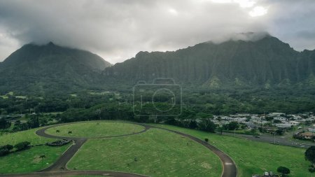 Oahu, Hawaii - Nov, 2021 overall view of the Valley of the Temples Memorial Park. High quality photo