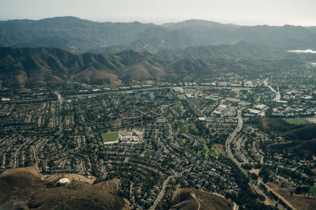 Aerial of suburban cul-de-sacs in the Stevenson Ranch community of Los Angeles County California. High quality photo