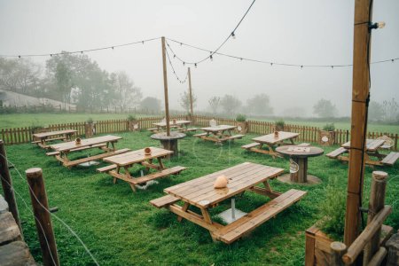 tables for camping street cafe in the mountains of spain. santiago way. High quality photo