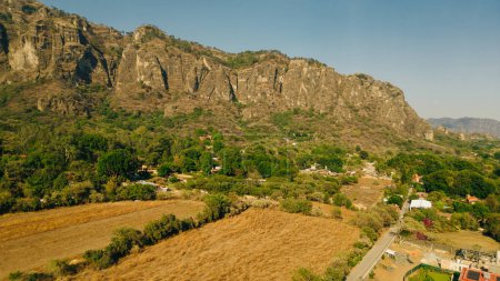 aerial panorama of Tepoztlan with a beautiful sunset in the background. High quality photo
