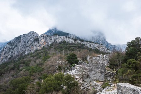 Ruined gymnasium and baths building in Termessos. Ruined ancient city in Antalya province, Turkey. High quality photo
