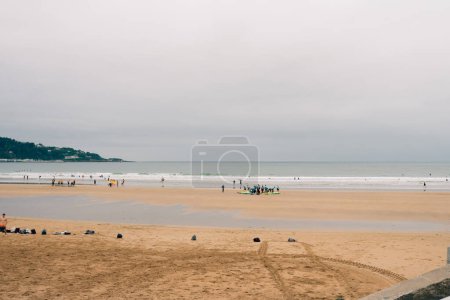 Hendaye , Spain - august 12th 2023 The tourist and long beach of Hendaye in the morning. High quality photo