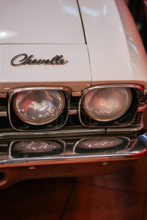 Photo for Istanbul , Turkey - November 23 2022 1969 Model White Chevrolet Chevelle headlights and front grill close up. High quality photo - Royalty Free Image