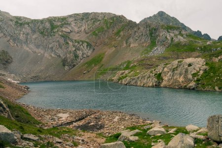 Panoramic view on Lake Artouste, a semi-artificial lake in the Pyrenees mountains, National Park of Pyrenees, France. High quality photo