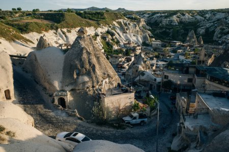 Aerial top down view of Goreme, an old town along the Goreme National Park in Cappadocia. High quality photo