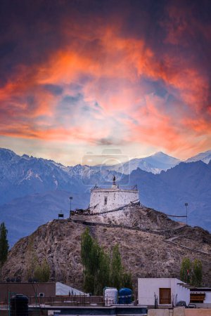 Téléchargez les photos : Vue depuis Leh Palace. Temple sur la montagne à Leh, Ladakh, Inde. La ville de Leh, Leh est située dans l'Himalaya indien. - en image libre de droit