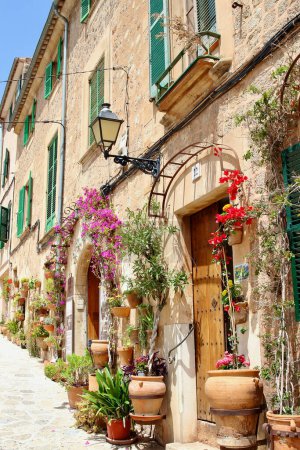 Blick auf das idyllische Dorf Valldemosa alte Häuser mit saisonalen Pflanzen und Blumen dekoriert, Mallorca, Balearen, Spanien.