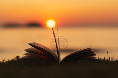 Photo for Open Book Bible outdoor God's promises in daily life Abstract styleTone Silhouette on blurred background - Royalty Free Image